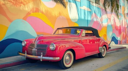 A classic red convertible car parked in front of a colorful wall. The car is a symbol of freedom and adventure, and the wall is a vibrant backdrop.