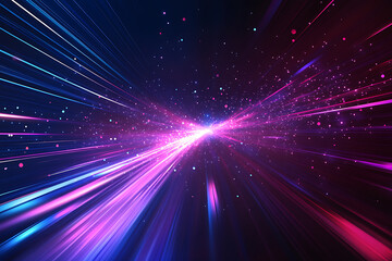 Obraz premium Dynamic abstract image of vibrant light trails and colorful particles converging towards a bright center, symbolizing speed and energy