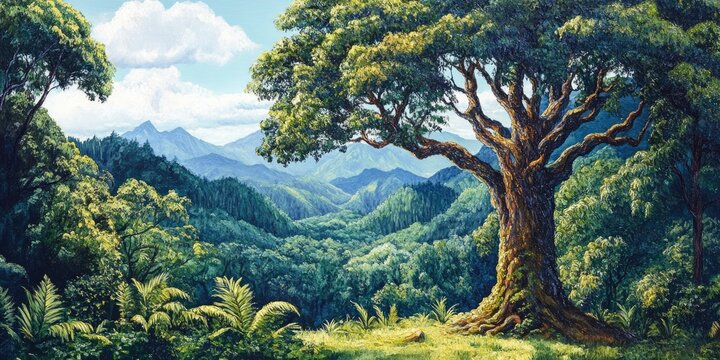 Oil painting depicting a kauri tree surrounded by lush forest scenery