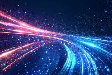 Obraz premium Dynamic abstract image of vibrant light trails and colorful particles converging towards a bright center, symbolizing speed and energy