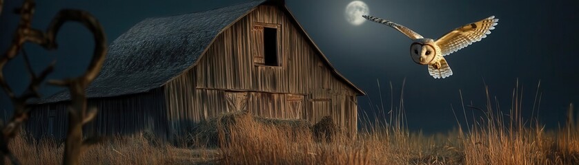 Naklejka premium Barn owl flying over an old barn in the middle of the night, rustic setting bathed in soft moonlight, peaceful yet haunting, wildlife photography