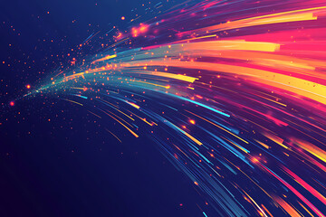 Obraz premium Dynamic abstract image of vibrant light trails and colorful particles converging towards a bright center, symbolizing speed and energy