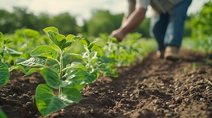 Farmer is cultivating soybean on his land He is examining progress of crops : Generative AI