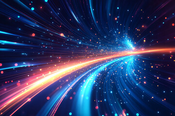 Obraz premium Dynamic abstract image of vibrant light trails and colorful particles converging towards a bright center, symbolizing speed and energy