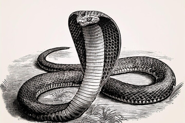 Obraz premium Cobras are highly venomous snakes from the family Elapidae, vintage line drawing or engraving illustration.