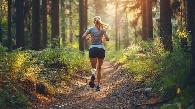A woman running on a trail in a forest.