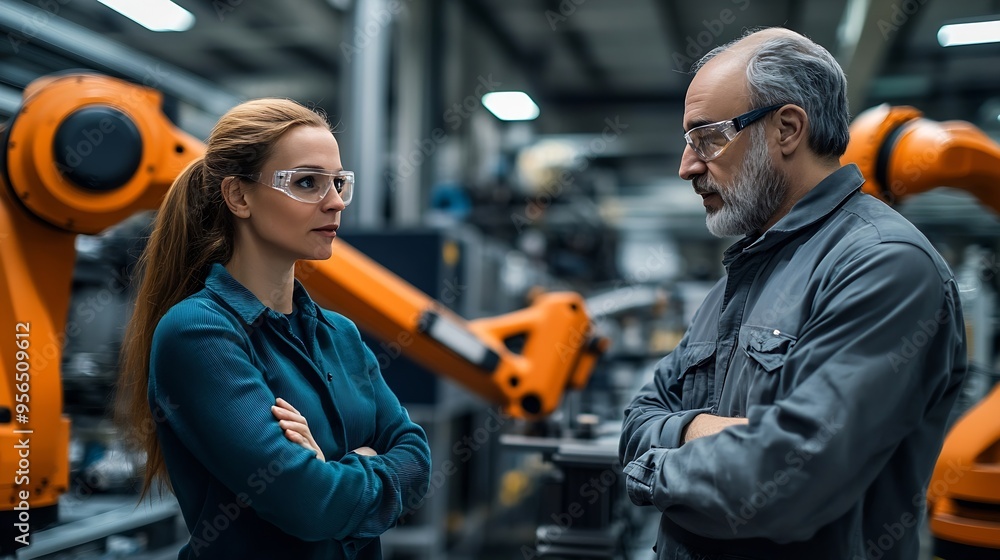 Aufkleber female engineer and male production manager standing in modern industrial factory talking about prod