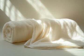 elegant white cotton towel artfully draped on minimalist grey background crisp folds creating interesting shadows emphasizing texture and softness