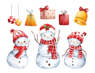 Watercolor Illustration Set of Snowman and Christmas Elements