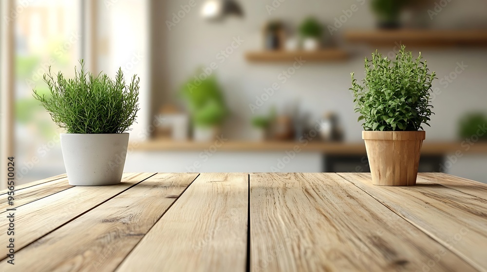 Aufkleber kitchen table background wood counter top on blur of white clean abstract home interior with bokeh  used for display or montage your wooden for dining background tabl banner podium : Generative AI
