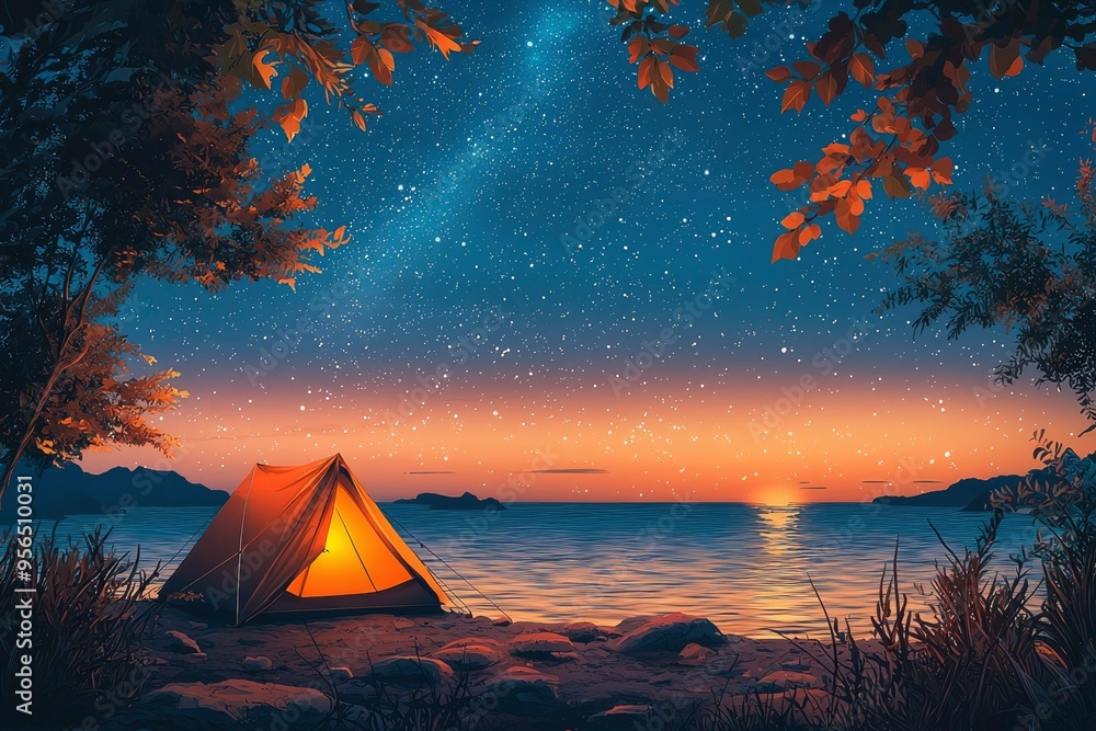 Wall mural Illuminated Tent on a Beach with a Starry Sky and Sunset