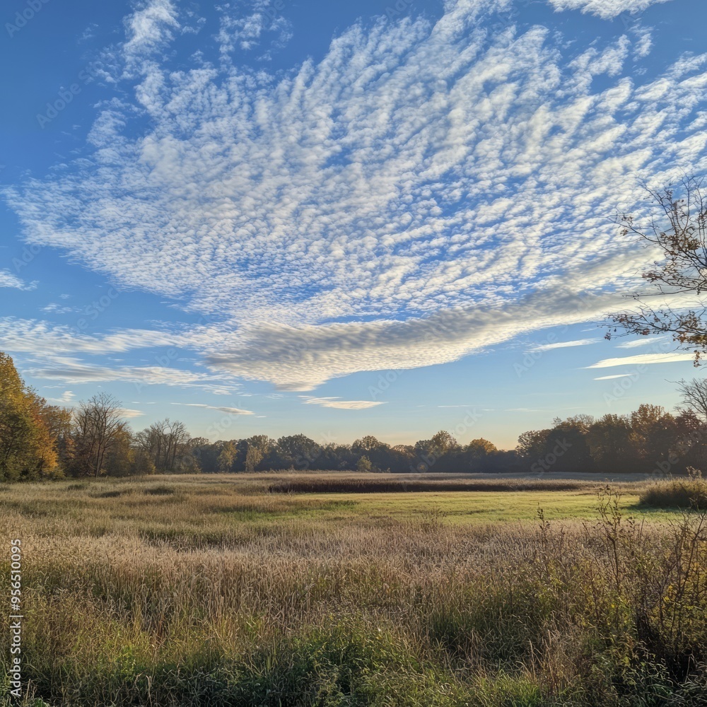 Wall mural A wide, open field with tall grass, trees lining the edges, and a bright blue sky with wispy white clouds.