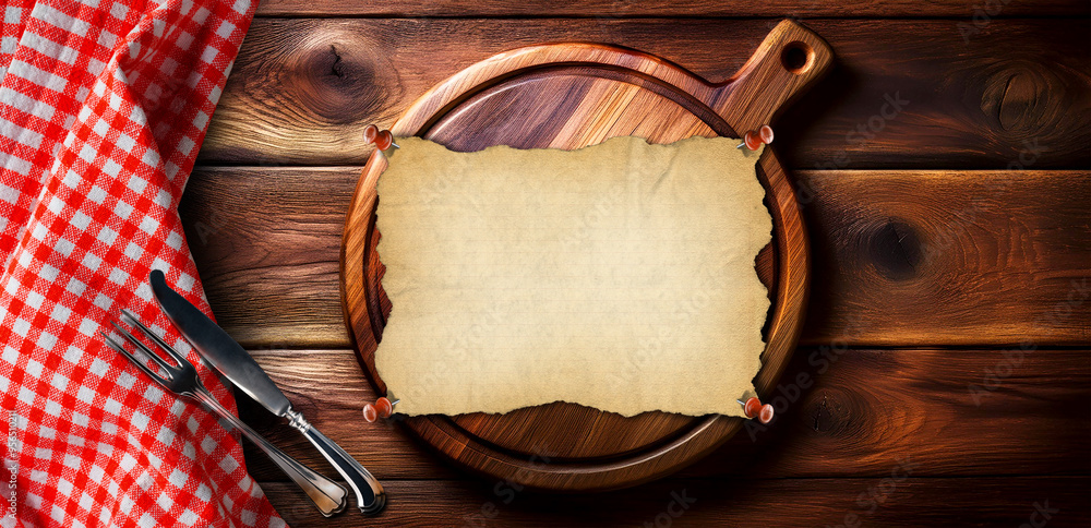 Poster close-up and top view of old wooden cutting board with empty sheet of paper (parchment), and red and