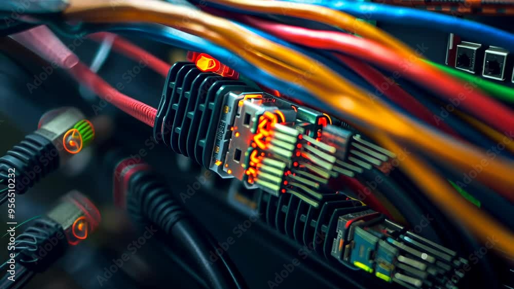 Poster exploring vibrant network cables and connections in a modern data center during the late afternoon