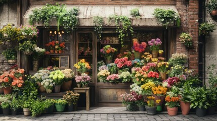 boutique flower shop with a fa? section ade of old, weathered bricks, filled with colorful blooms and green foliage