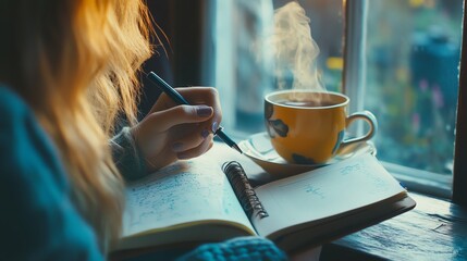 Woman writing in her journal with a cup of coffee by the window.