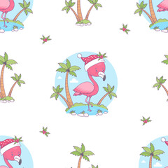 Seamless pattern with Christmas pink flamingo in Santa hat with holly on white background with tropical palm trees. Funny holiday cartoon kawaii bird character. Vector illustration. Kids collection