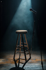 microphone and stool on a stand up comedy stage with reflectors ray, high contrast image