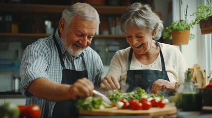 Senior couple cooking and having fun while preparing a healthy food with vegetables for a vegan meal in the kitchen at home while laughing and having fun Funny old man and woman helpin : Generative AI