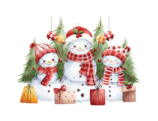 Watercolor Illustration Snowman with Christmas Tree and Gifts