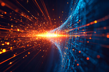 Dynamic abstract image of vibrant light trails and colorful particles converging towards a bright center, symbolizing speed and energy