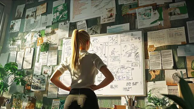 A woman intently examines a whiteboard covered with detailed charts and graphs, surrounded by a modern office setting filled with plants