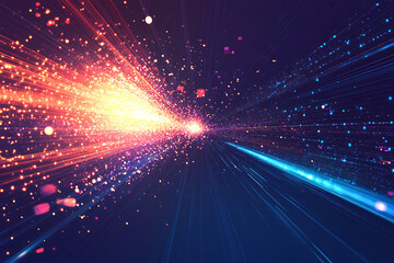 Obraz premium Dynamic abstract image of vibrant light trails and colorful particles converging towards a bright center, symbolizing speed and energy