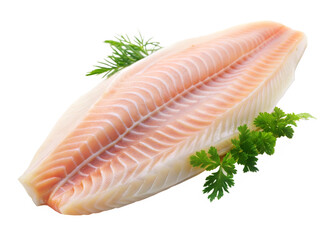 Raw tilapia fish or sea bass fillet with parsley isolated on a white background.