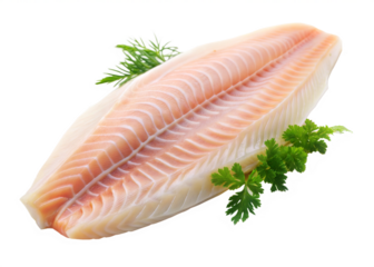 Raw tilapia fish or sea bass fillet with parsley isolated on a white background.