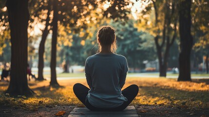 Woman meditating in a peaceful forest setting.