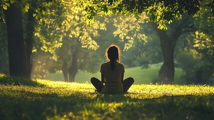 A woman meditates in the sun-dappled forest.