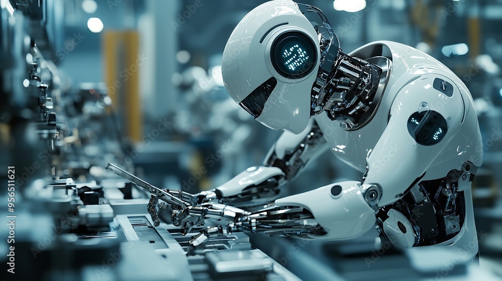Poster XAI Mechanized industry robot and human worker working together in future factory Concept of artificial intelligence for industrial revolution and automation manufacturing process : Generative AI