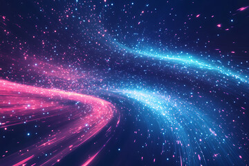 Obraz premium Dynamic abstract image of vibrant light trails and colorful particles converging towards a bright center, symbolizing speed and energy