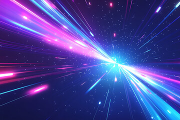 Obraz premium Dynamic abstract image of vibrant light trails and colorful particles converging towards a bright center, symbolizing speed and energy