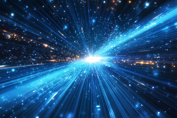 Fototapeta premium Dynamic abstract image of vibrant light trails and colorful particles converging towards a bright center, symbolizing speed and energy