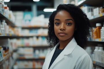 Naklejka premium close-up of beautiful african american woman pharmacist in pharmacy