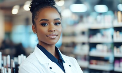 Naklejka premium portrait of beautiful african american woman pharmacist in pharmacy