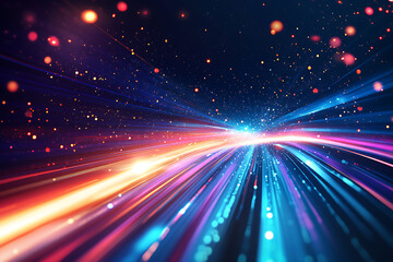 Obraz premium Dynamic abstract image of vibrant light trails and colorful particles converging towards a bright center, symbolizing speed and energy