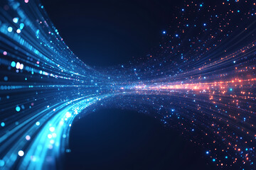 Dynamic abstract image of vibrant light trails and colorful particles converging towards a bright center, symbolizing speed and energy