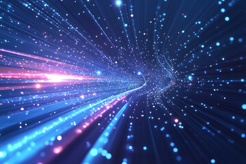 Obraz premium Dynamic abstract image of vibrant light trails and colorful particles converging towards a bright center, symbolizing speed and energy