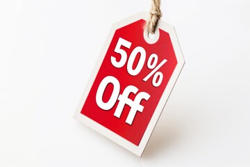Promotional text "50% off" on a red tag located on a white background. Sale concept