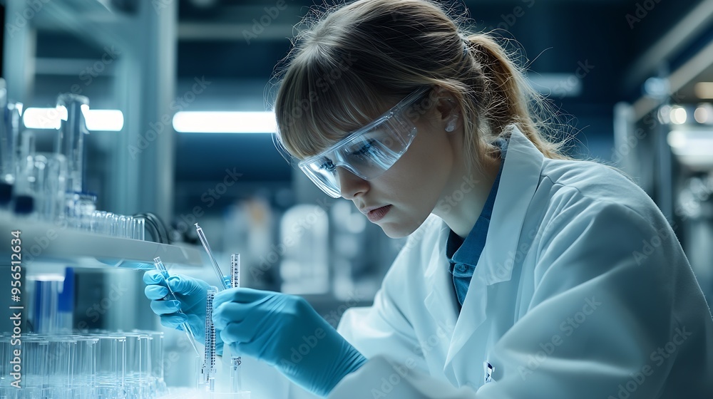 Poster modern medical research laboratory female scientist working with micro pipettes analyzing biochemica