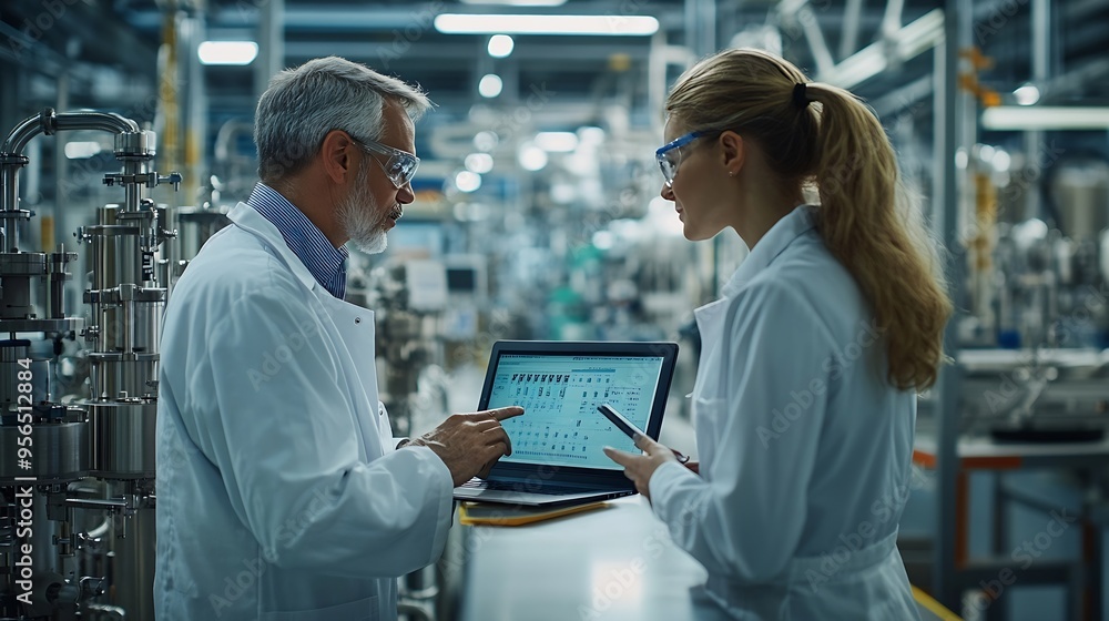 Aufkleber Middle Aged Engineer and Female Scientist Standing with Their Back Using Laptop Computer and Talking in a Factory Facility with Equipment Producing Modern Technical Devices for Differe : Generative AI