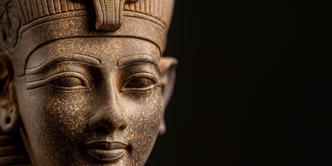 A detailed close-up of a weathered ancient Egyptian sculpture, showcasing intricate facial features, worn texture, and artistic craftsmanship against a dark background.