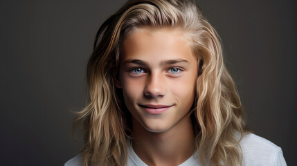 Fototapeta premium Portrait of a happy smiling blond, long haired confident teenage guy with perfect skin, gray background, banner.