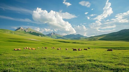 A green pasture with grazing animals, peaceful and pastoral