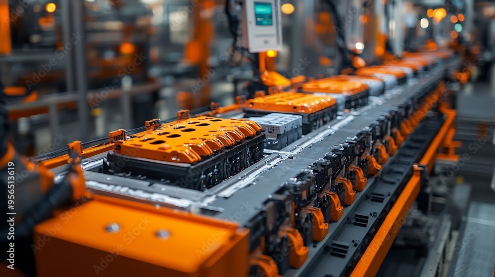 Aufkleber modern electric car automated smart factory ev battery pack production line equipped with orange adv