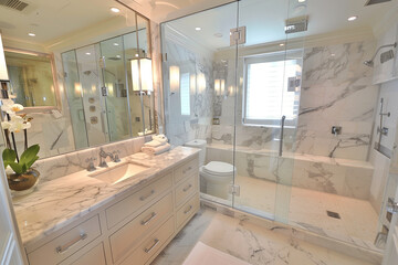 Chic bathroom setting with walk-in shower and marble vanity, decorated with sleek fixtures. Generative AI