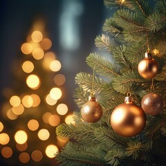 Fototapeta premium Christmas Tree With Baubles And Blurred Shiny Lights