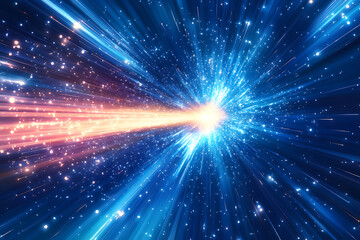 Naklejka premium Dynamic abstract image of vibrant light trails and colorful particles converging towards a bright center, symbolizing speed and energy